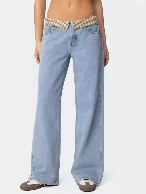 Plaid Trim Wide Leg Jeans
