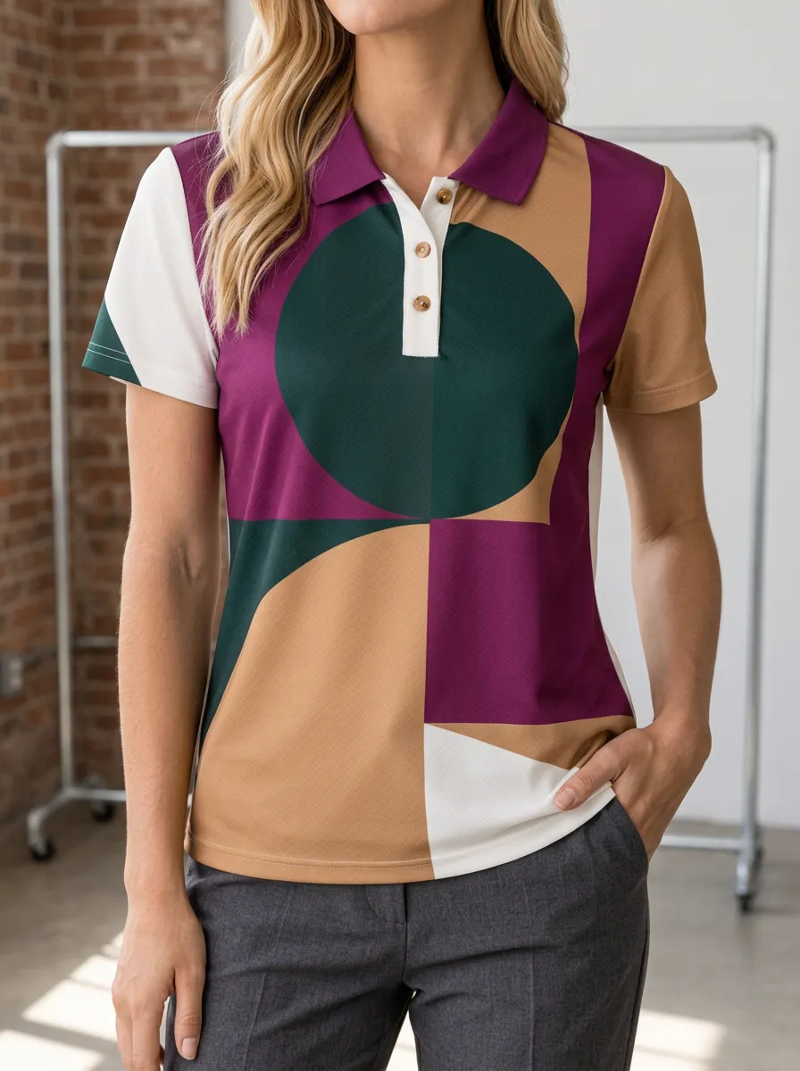 Women's Relaxed Geometric Abstract Artwork Polo Shirt