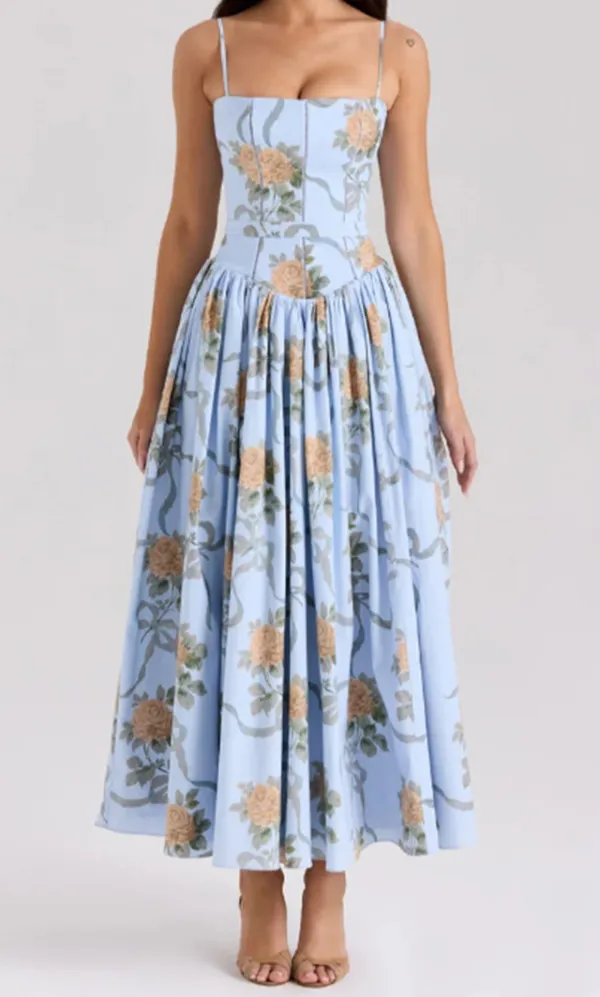 Women's Fitted Spaghetti-Strap Floral Summer Maxi Dress