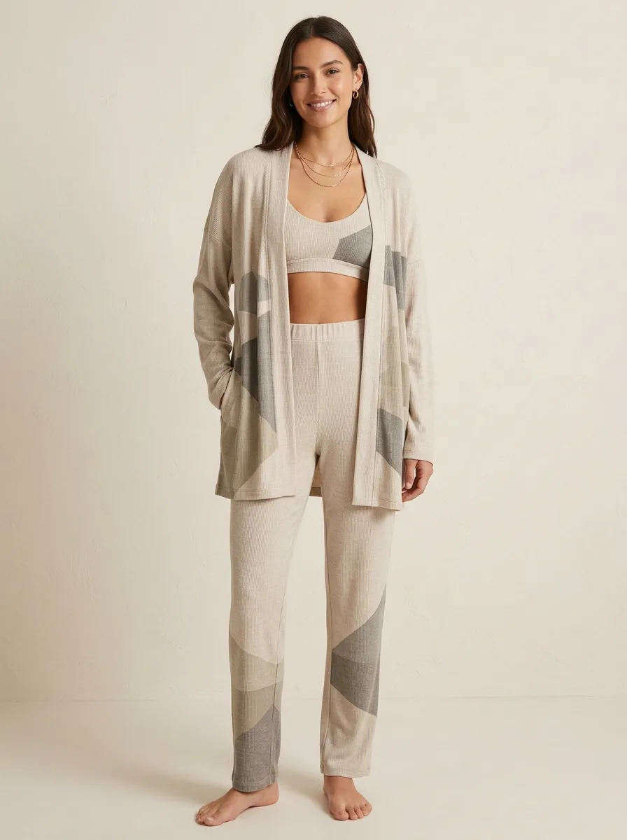 Geometric Ribbed Open Front Cardigan Lounge Set