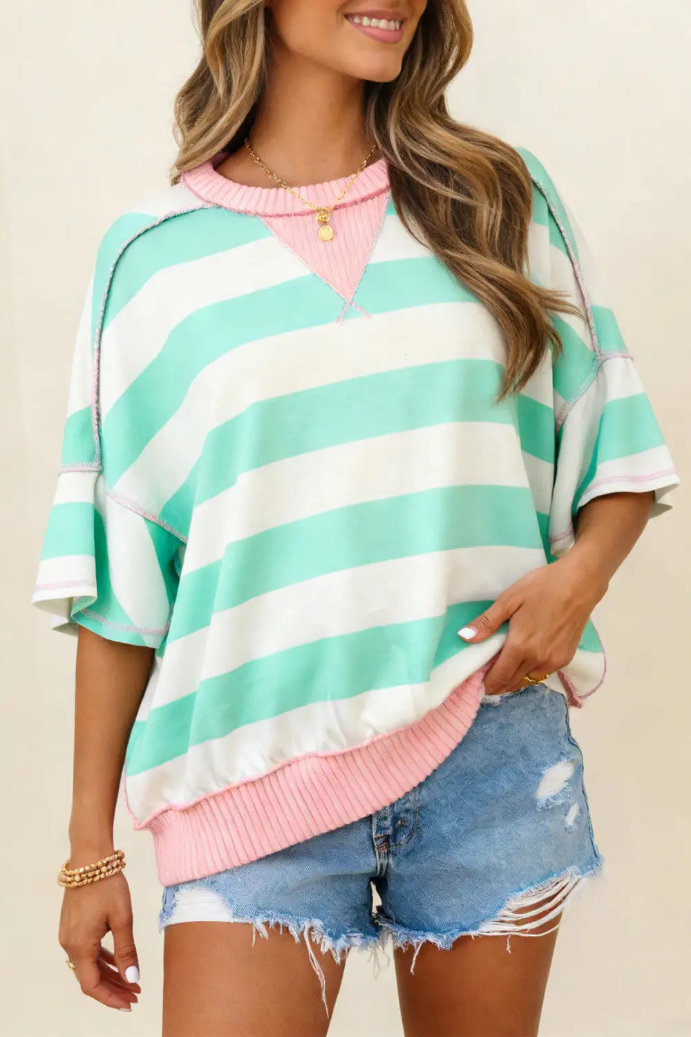 Striped Ribbed Patchwork Oversized T Shirt