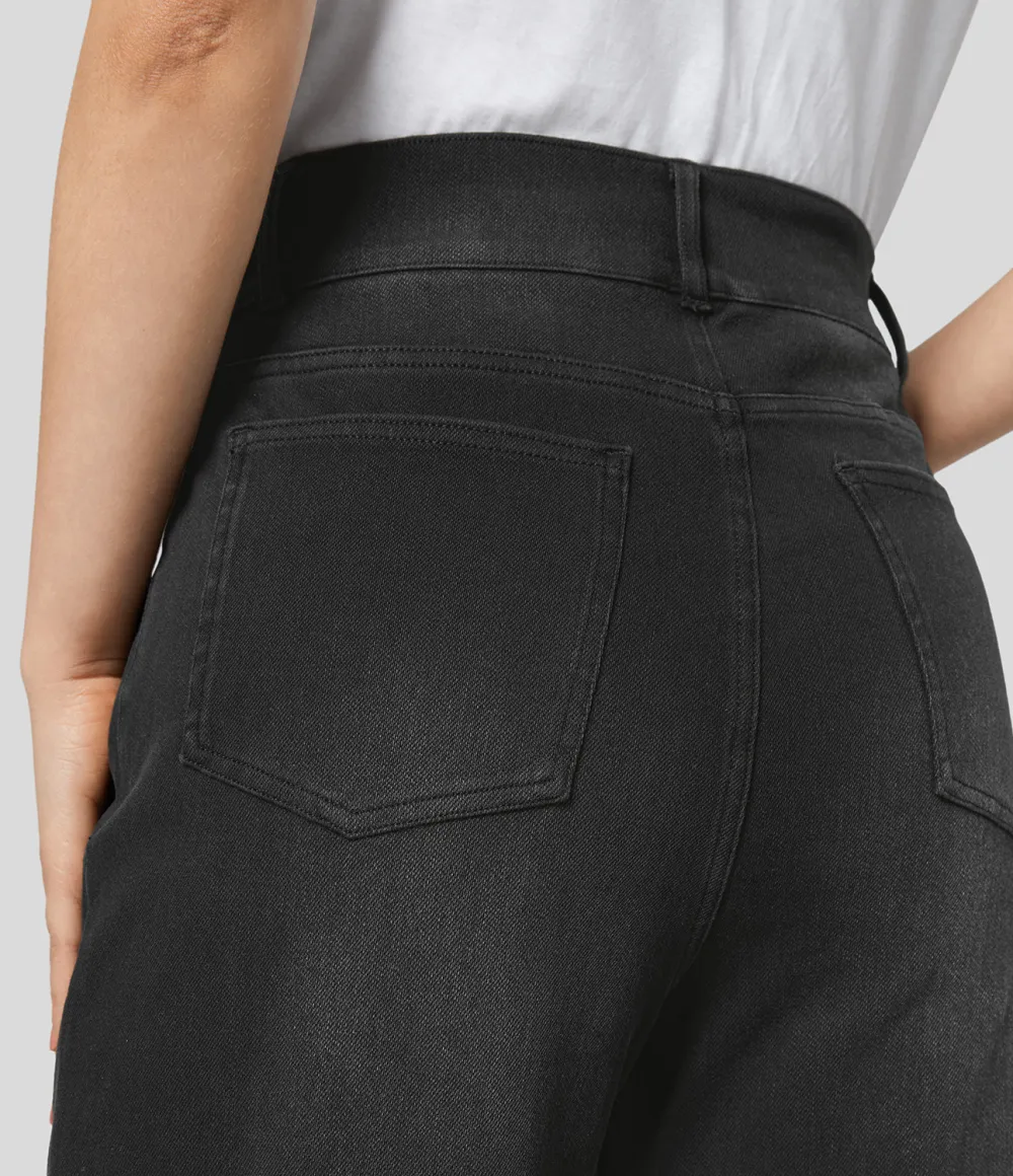 Magic High Waisted Decorative Button Multiple Pockets Straight Leg Stretchy Knit Casual Boyfriend Jeans