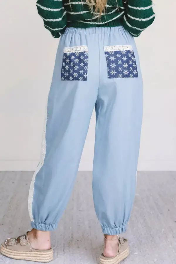Lace Accent Patched Pocket Pleated Wide Leg Slouchy Pants