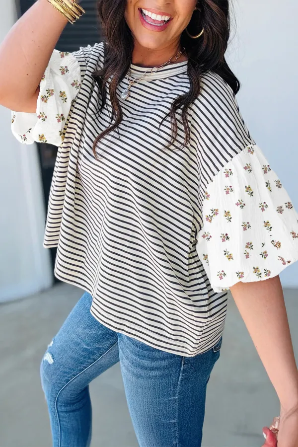 Black Stripe Floral Puff Sleeve Top