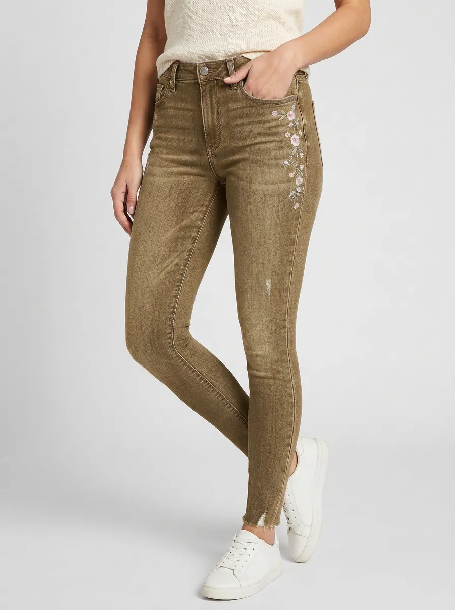 Women's Floral Pink Flower Embroidered Printed Slim Jeans