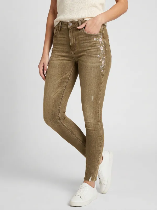 Women's Floral Pink Flower Embroidered Printed Slim Jeans