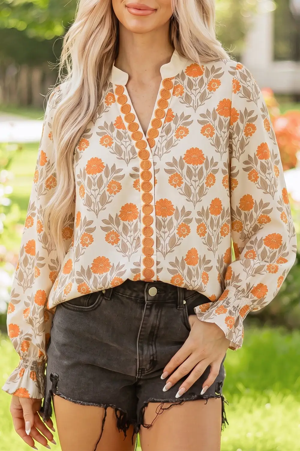 Women's Floral Print V Neck Contrast Detail Blouse