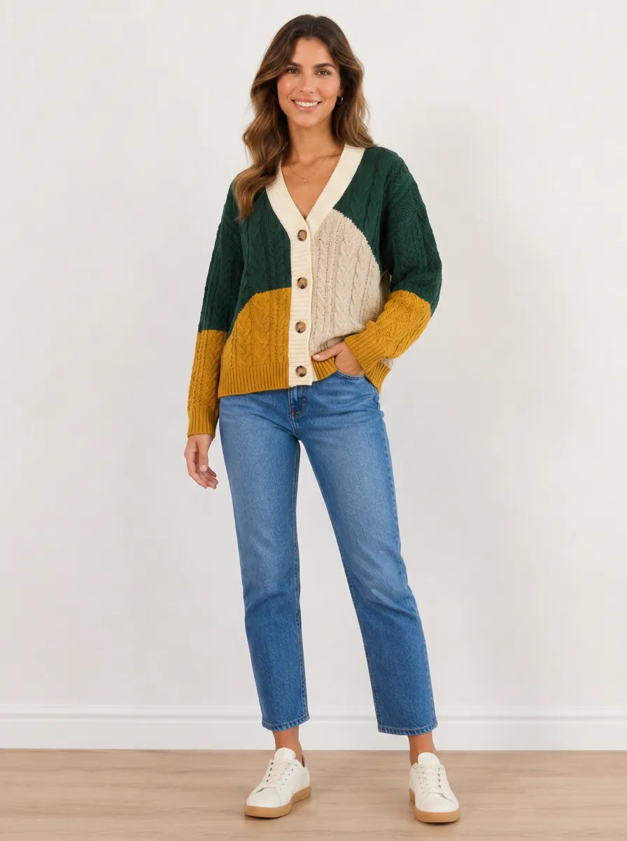 Women's Color-Block Cable Knit Cardigan Relaxed-Fit