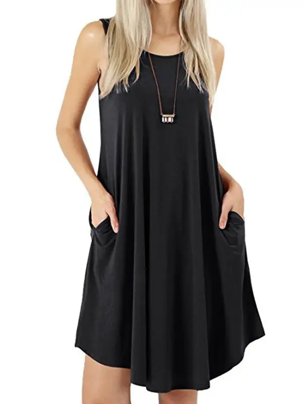Relaxed Pocket Sleeveless Solid Color Spaghetti Neck Mini Dress