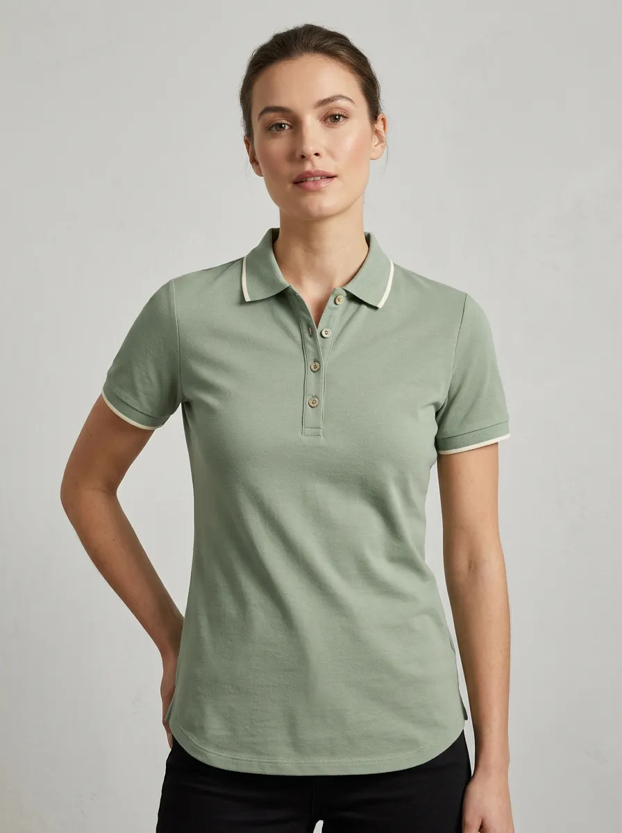 Women's Sage Green Contrast Trim Solid Color Polo Shirt