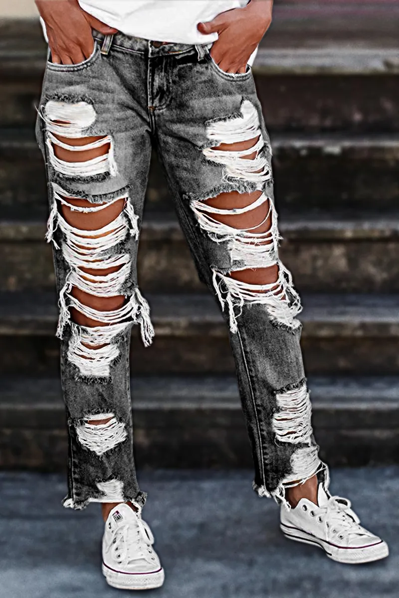Distressed Low Rise Straight Leg Jeans