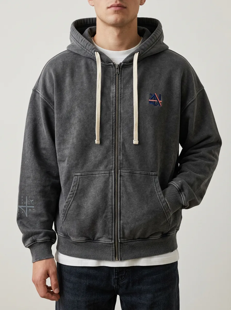 Men's Geometric Logo Graphic Washed Black Printed Zip Hoodie