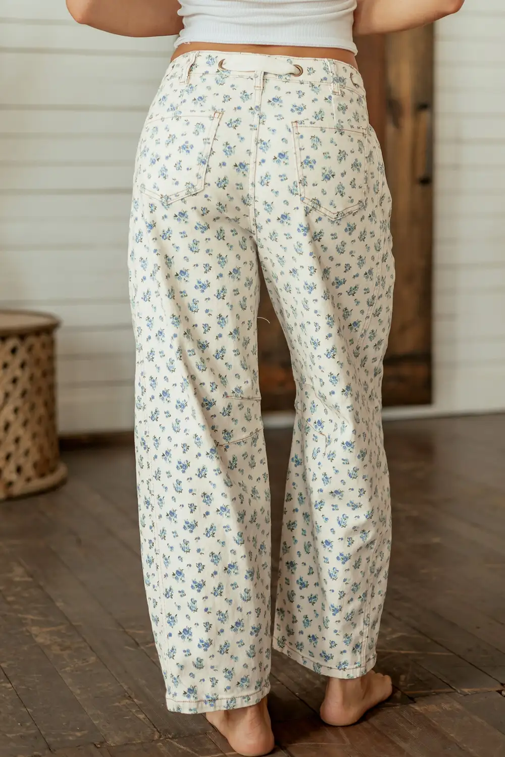 Women's Grommet Knot Waist Floral Barrel Leg Jeans