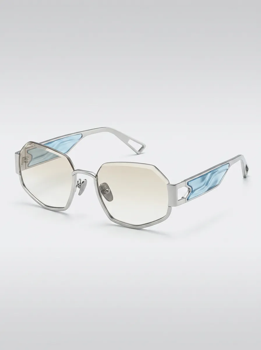 Unisex Geometric Metal Frame Blue Accent Gradient Lens Sunglasses