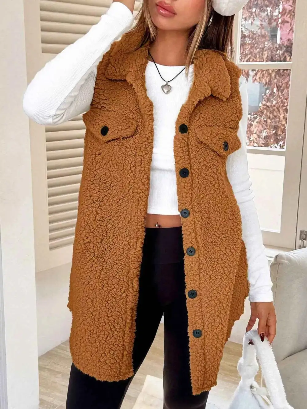 Button Down Sherpa Fleece Vest Coat
