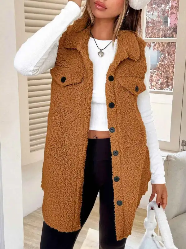Button Down Sherpa Fleece Vest Coat
