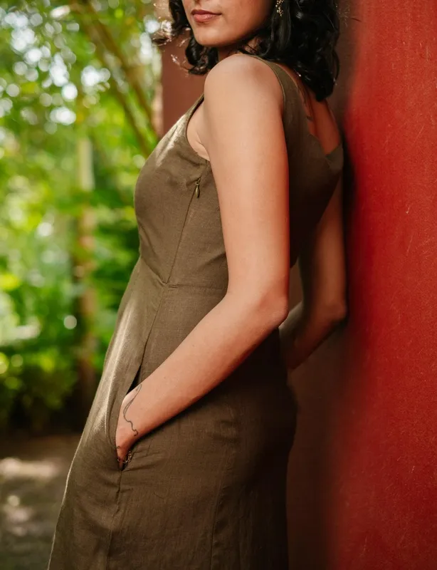 Olive Linen Square-Neck Midi Dress