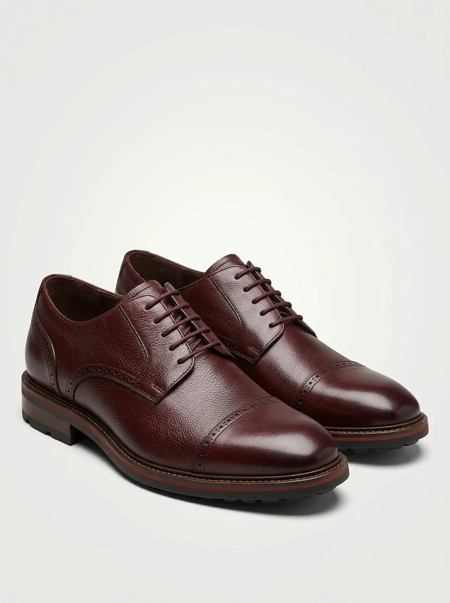 Men's Burgundy Pebble-Grain Cap-Toe Oxford Shoes
