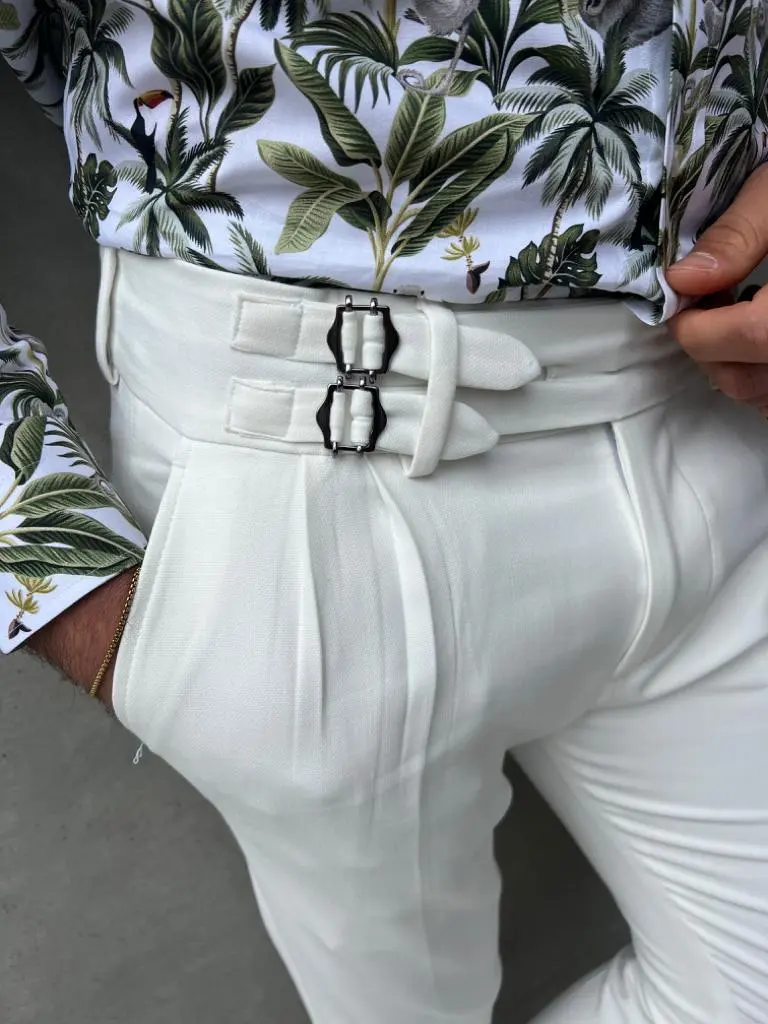Slim Fit Pleated Buckle Detail Tailored Trousers