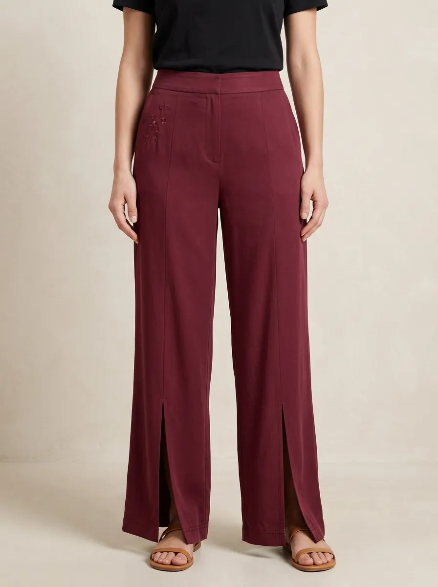 Women's Floral Embroidered Front-Slit Wide-Leg Trousers