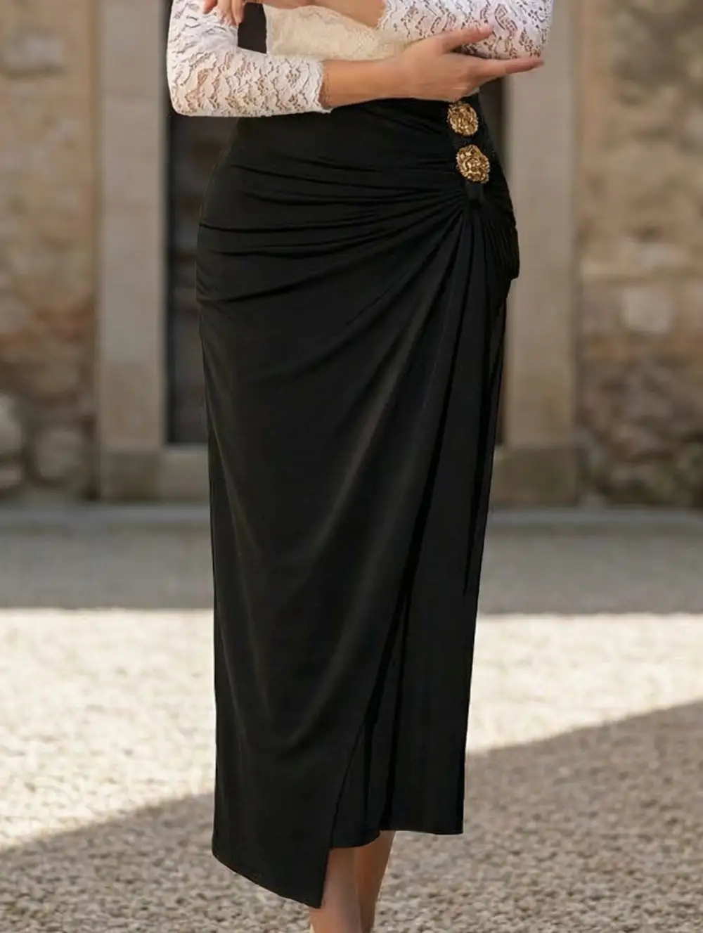 Bodycon Metal Detail Ruched Midi Skirt