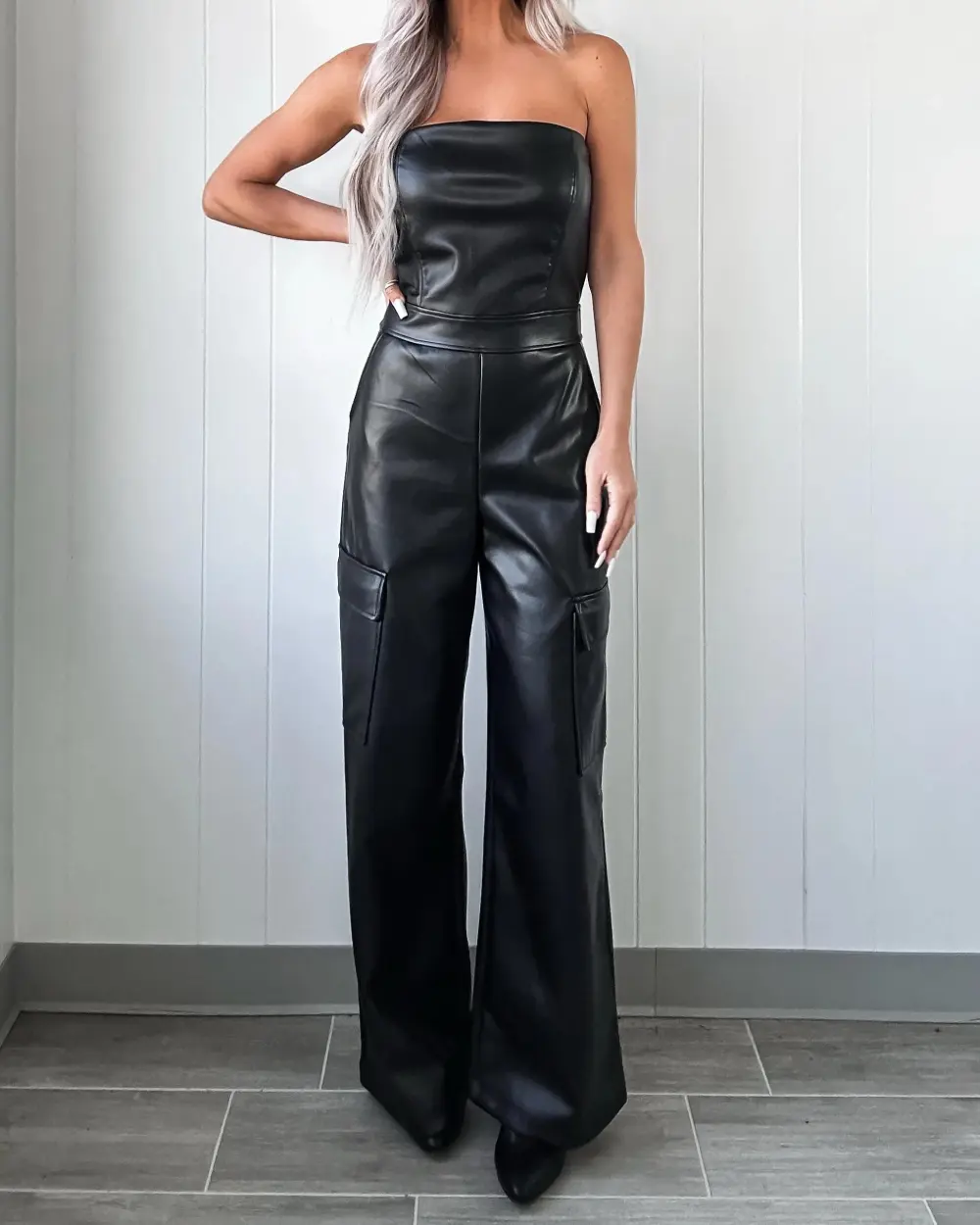 Faux Leather Jumpsuit - Black