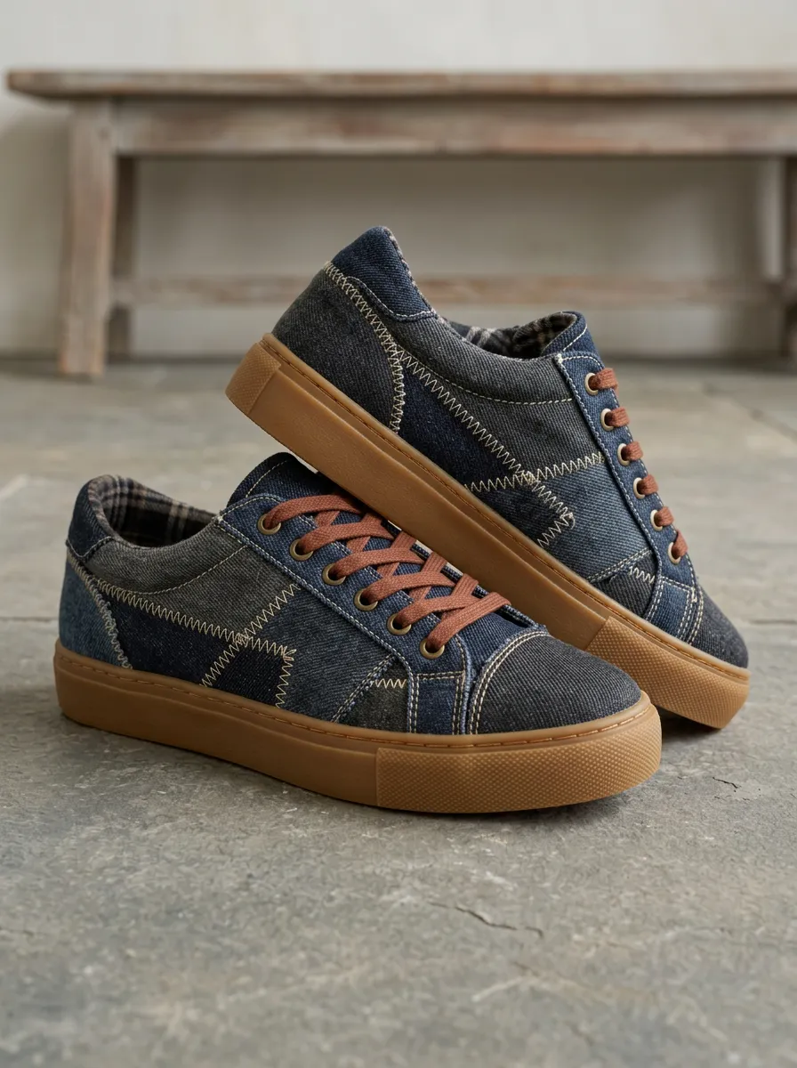 Women's Denim Patchwork Stitched Pattern Printed Sneakers