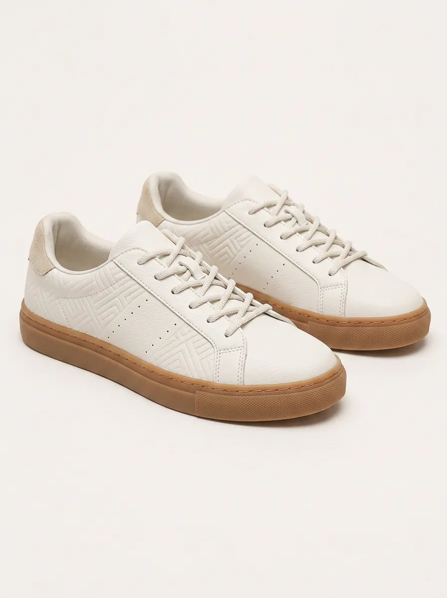 Men's Geometric Embossed White Gum Sole Printed Sneakers