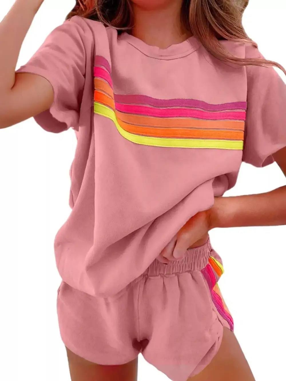 Rainbow Striped Round Neck Top and Shorts Set