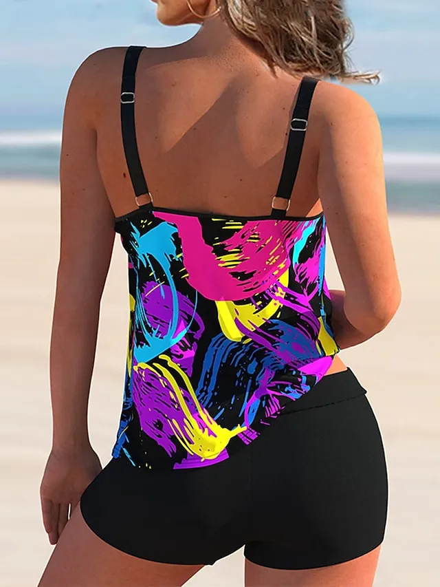 Women's Swimwear Tankini 2 Piece Plus Size Swimsuit 2 Piece Graphic Light Blue Yellow Blue Purple Rainbow Tank Top High Neck Bathing Suits Sports Summer