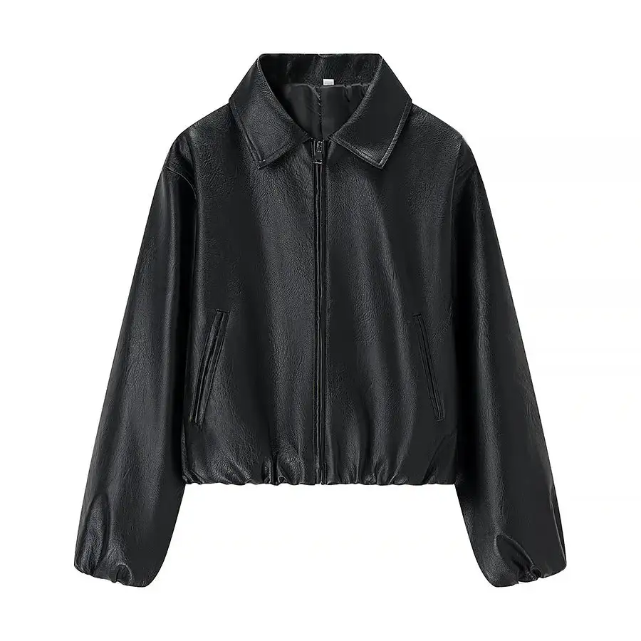 Cropped Faux Leather Shirt Collar Elastic Hem Bomber Jacket