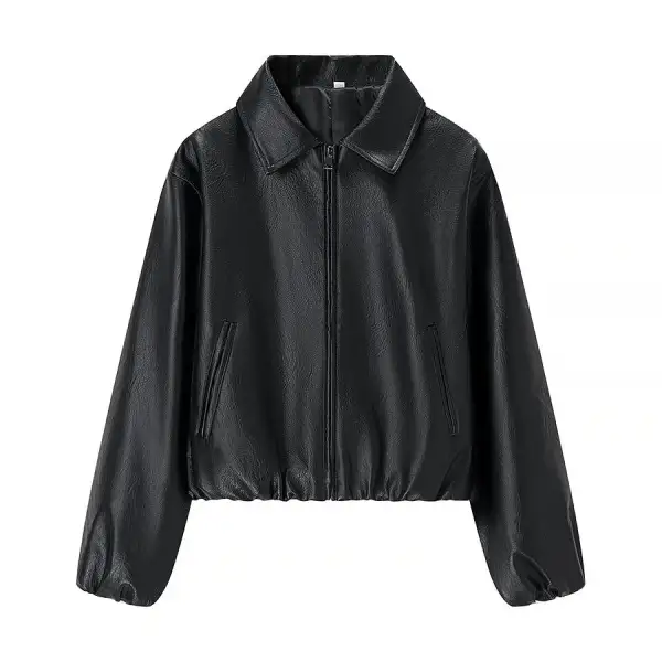 Cropped Faux Leather Shirt Collar Elastic Hem Bomber Jacket