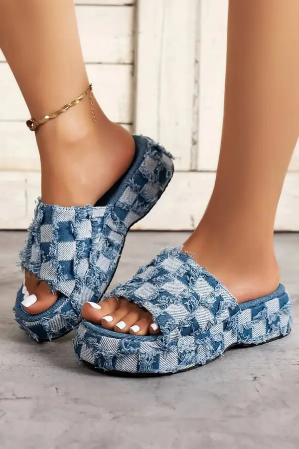 Checkered Frayed Canvas Platform Sandals