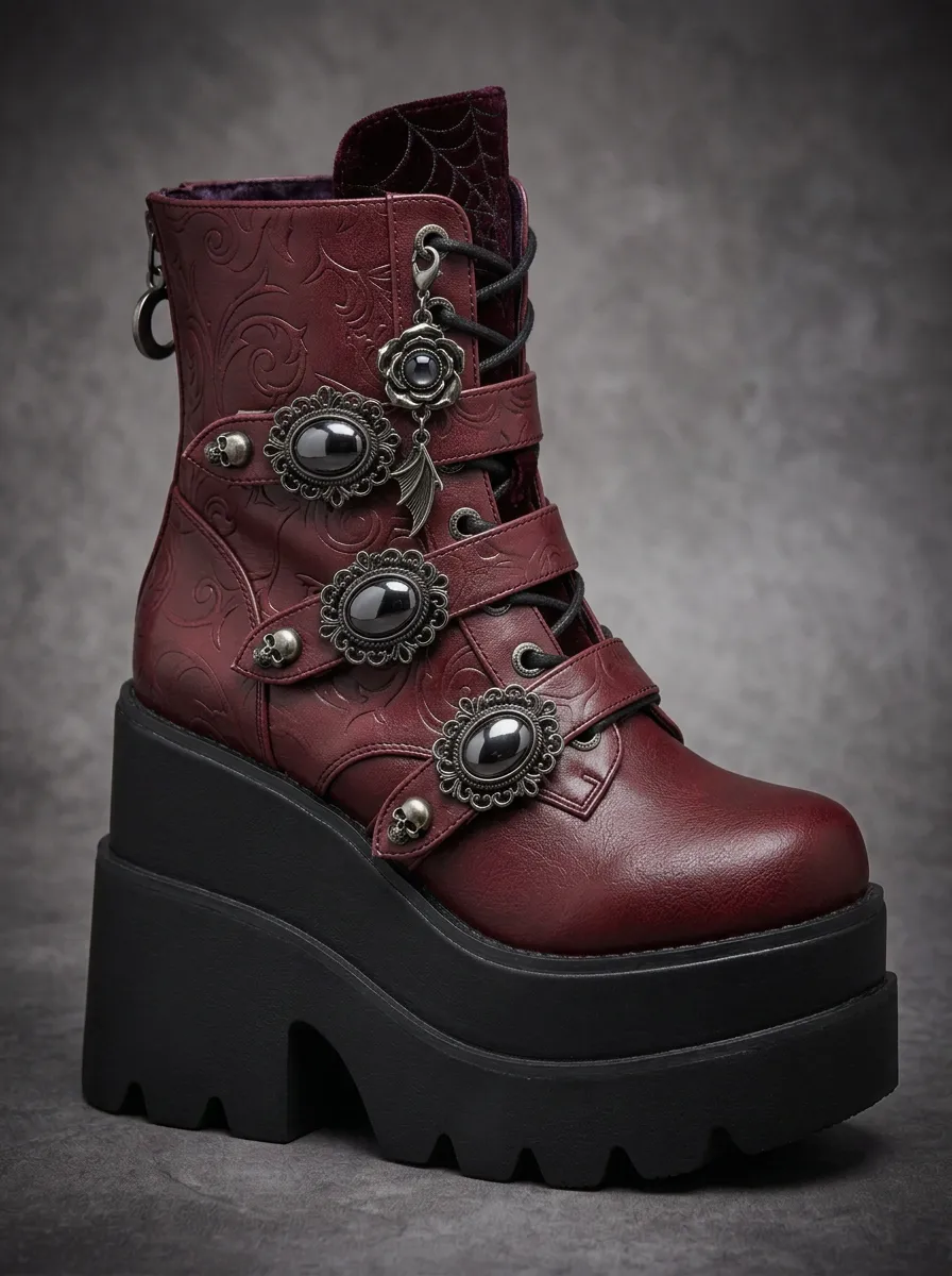Dark Skull Rose Gemstone Silhouette Women's Gothic Platform Boots