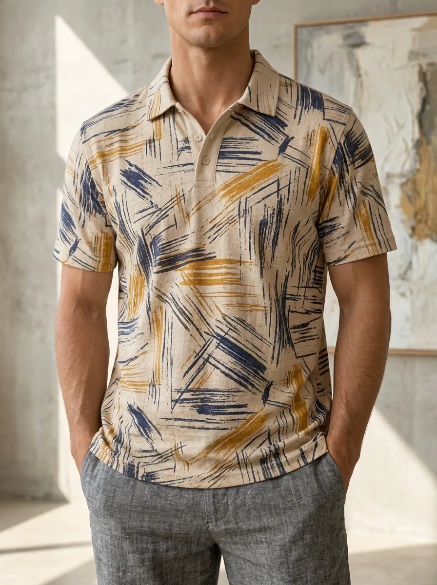 Men's Abstract Brushstroke Print Beige Navy Yellow Printed Polo Shirt