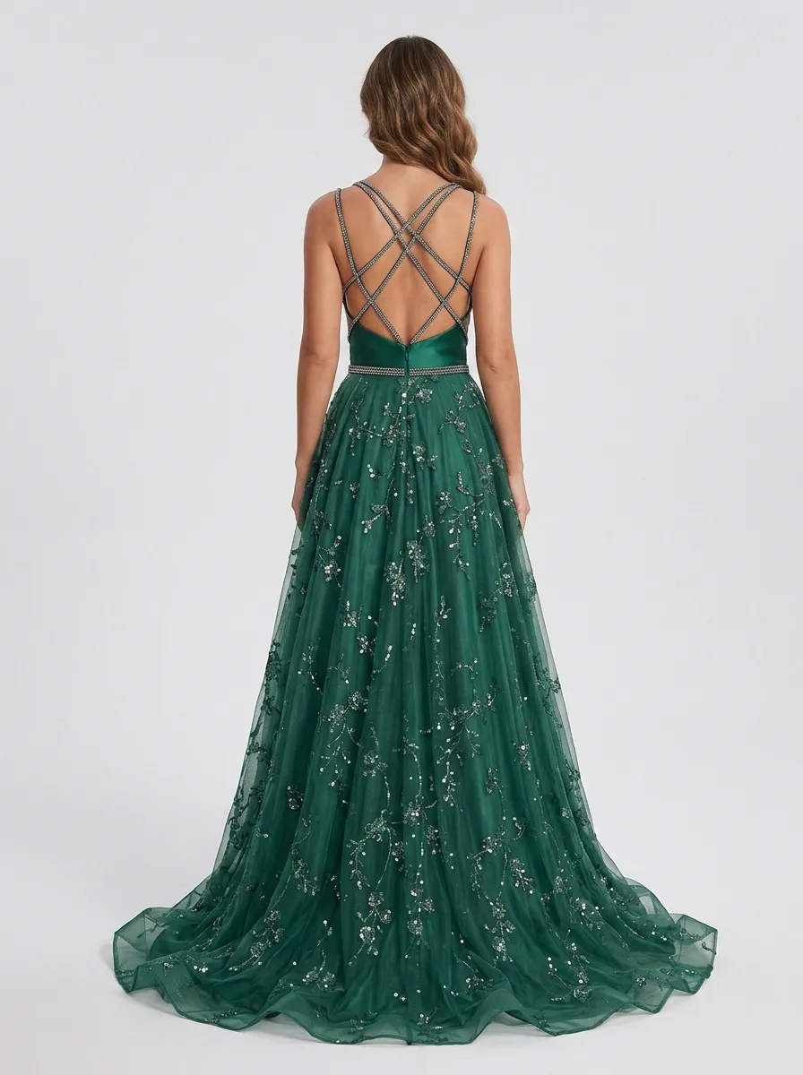 Women's Floral Sequin Embroidered Evening Gown