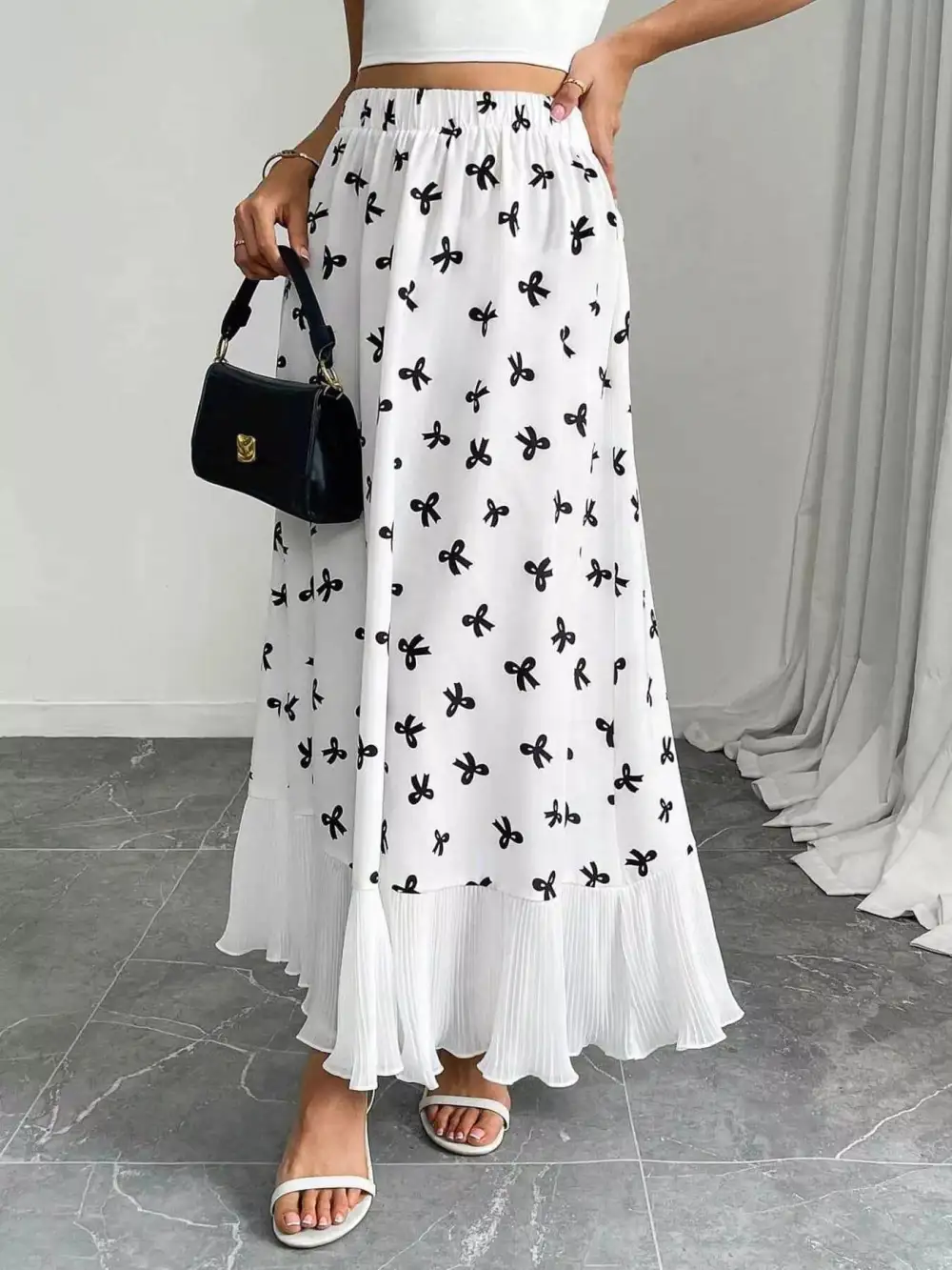 Bow Print Ruffle Hem Flowy Maxi Skirt