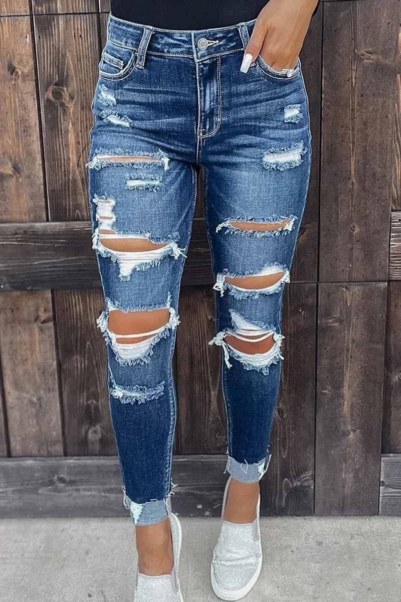 Ladder Ripped Rolled Hem Mid Waist Skinny Jeans