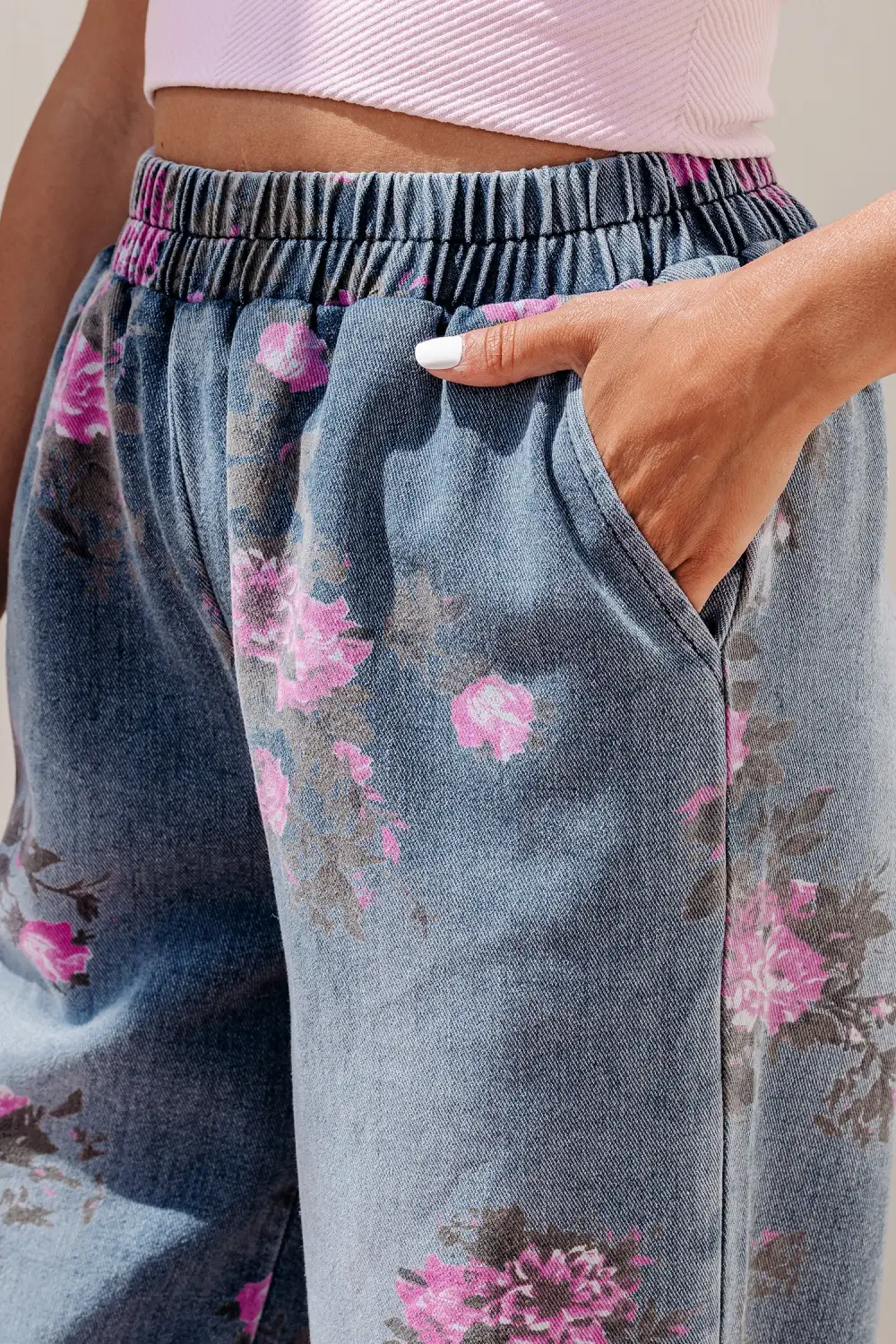 Women's Floral Print Elastic Waist Pull On Casual Jeans
