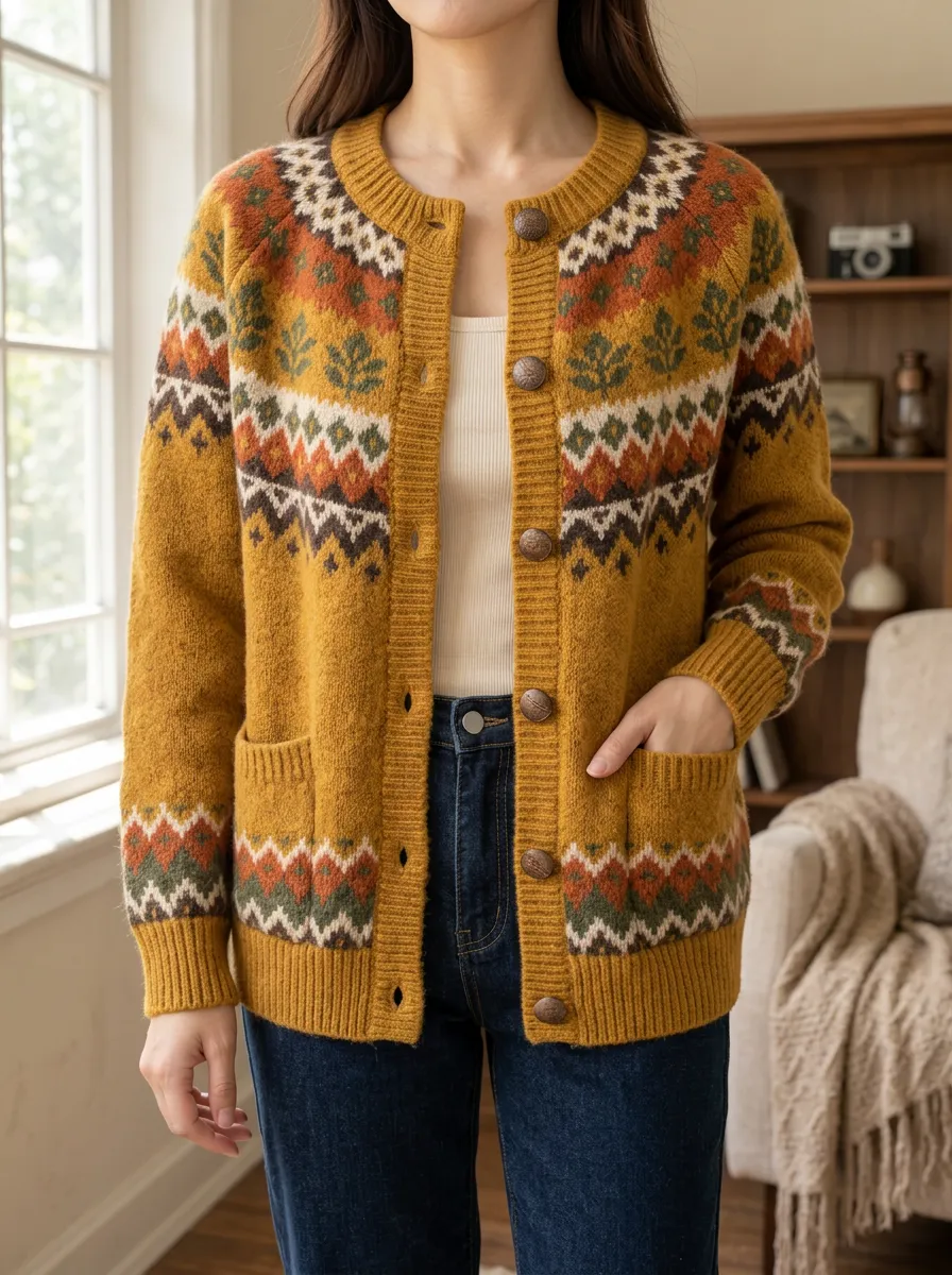 Women's Vintage Autumn Fair Isle Pattern Printed Patch Pocket Casual Layering Cardigan