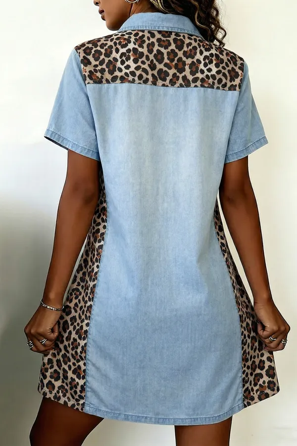 Blue Leopard Patchwork Shirt Dress