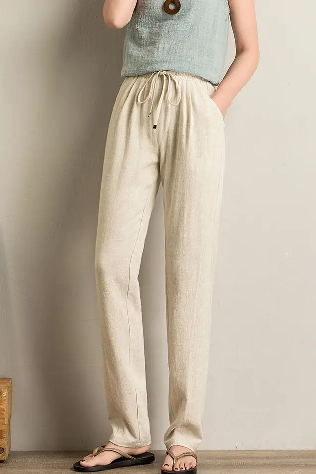 Polished Linen Wide Leg Elastic Waist Pocketed Trousers