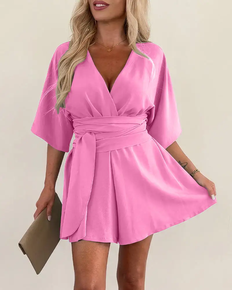 V-Neck Wrap Romper With Tie Waist
