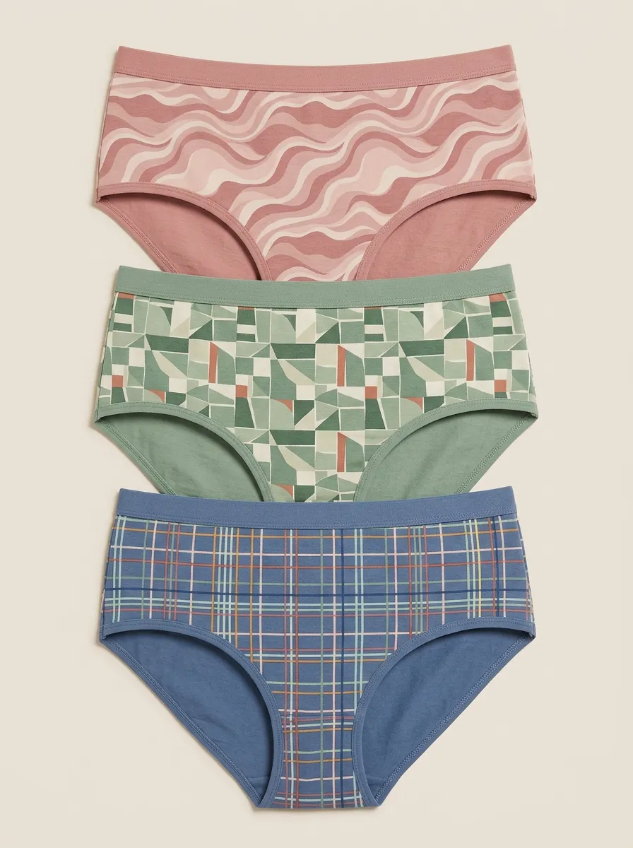 Women's Geometric Wavy Plaid Pattern Printed Three Pack Briefs