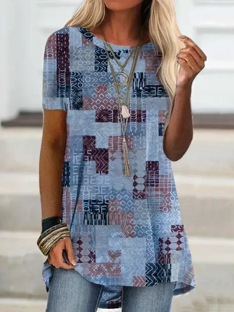 Women's Short Sleeve Scoop Neck Printed Tops T-shirts