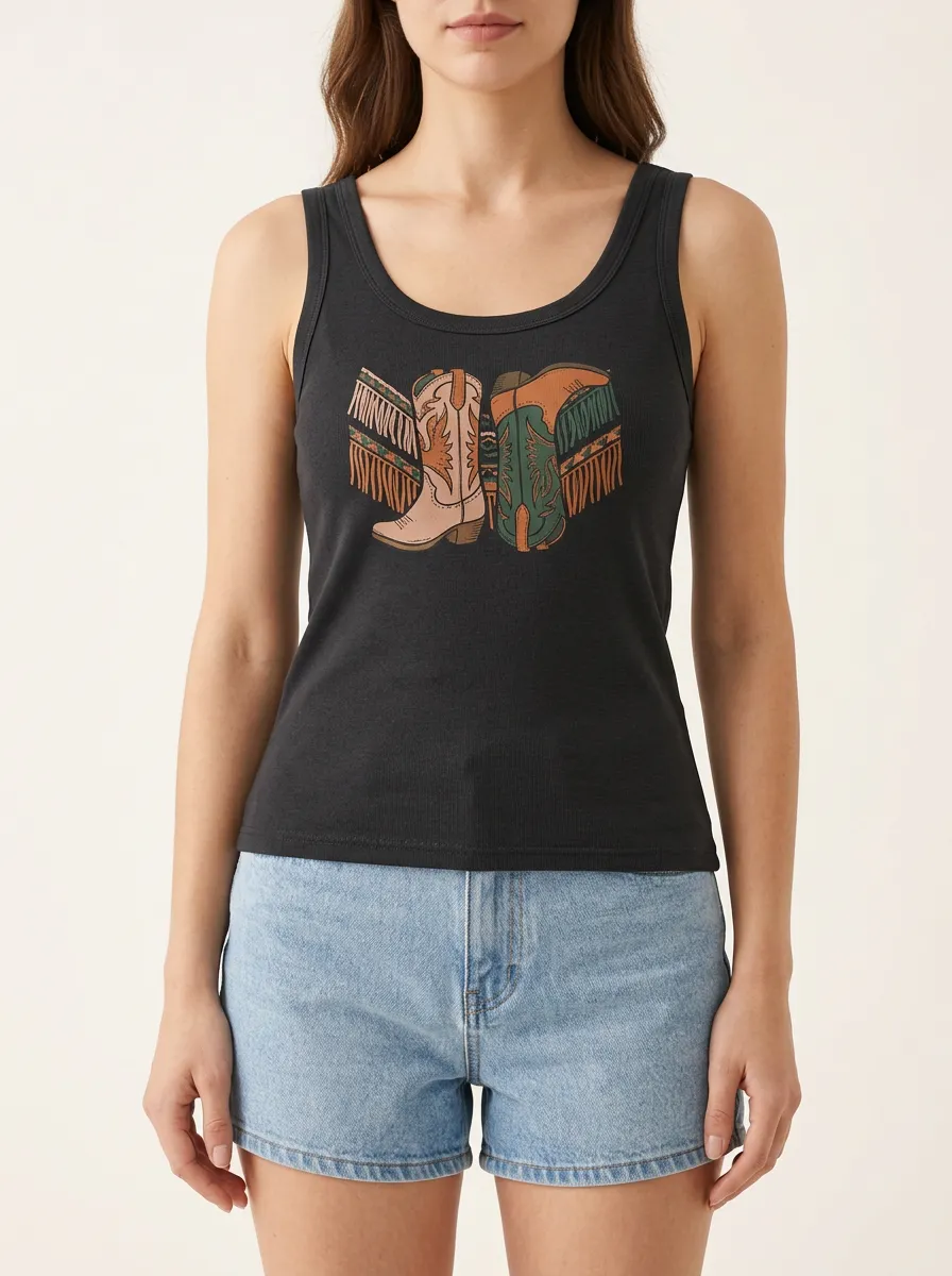 Western Cowboy-Boot Built-In Bra Tank Top