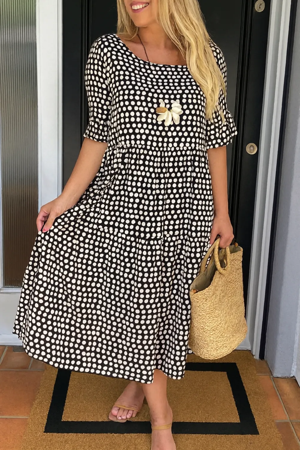  Short Sleeve Polka Dot Midi Dress
