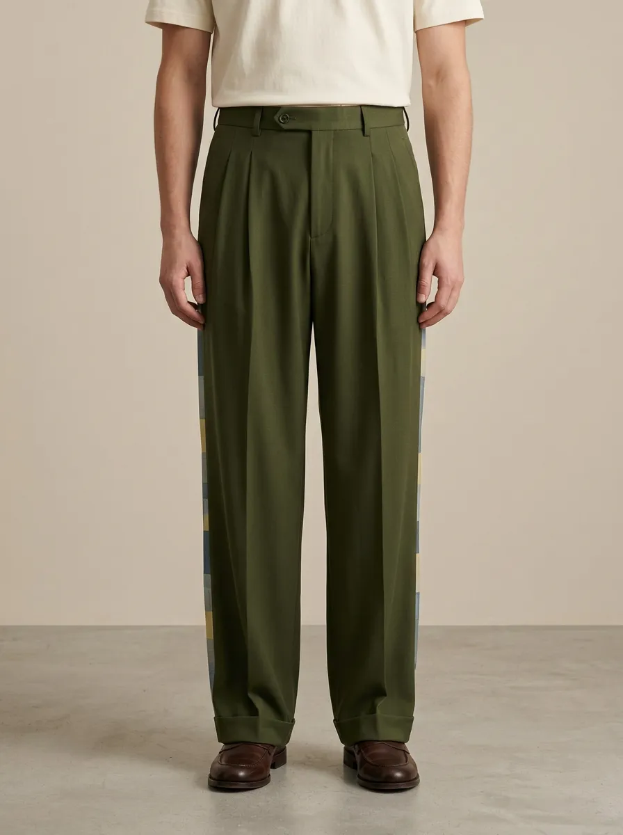 Men's Casual Fashion Plaid Side Striped Printed Wide Leg Trousers