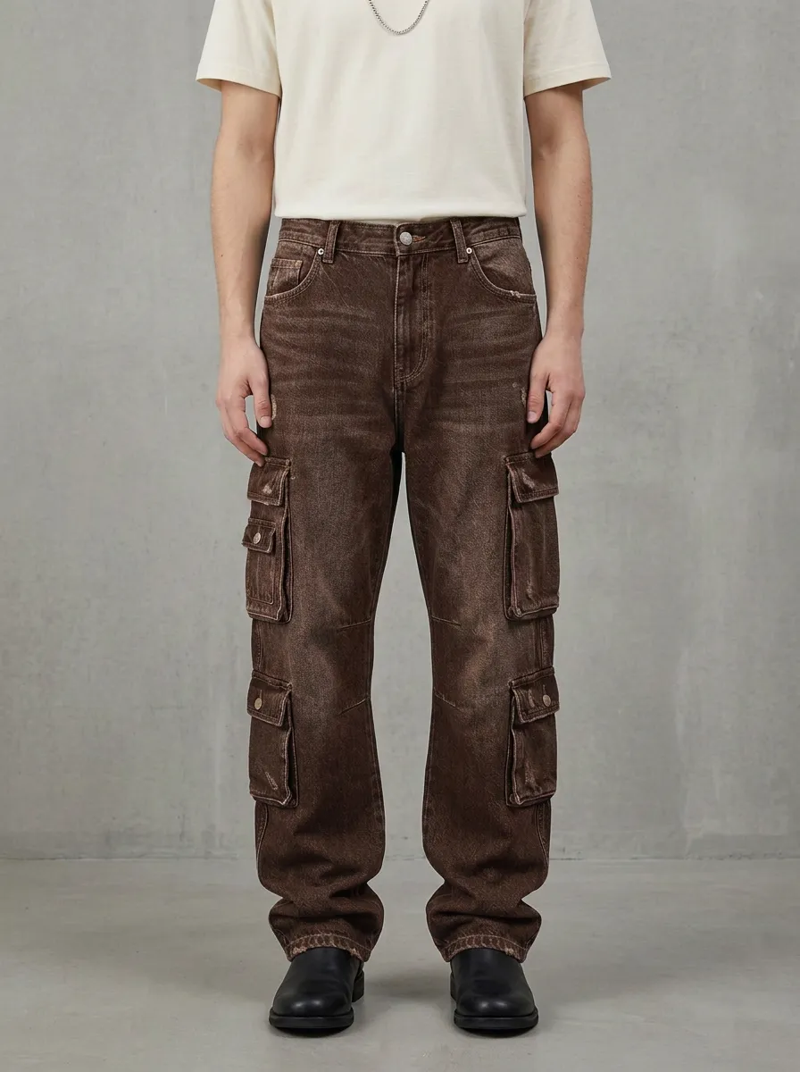 Men's Ridge Vintage Distressed Denim Multi-Pocket Cargo Jeans