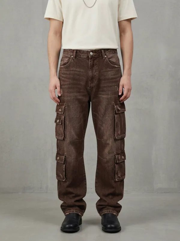 Men's Ridge Vintage Distressed Denim Multi-Pocket Cargo Jeans